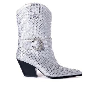 Azalea Wang Federica Silver Crystal Shortie Western Cowgirl Boots Rhinestone 6.5
